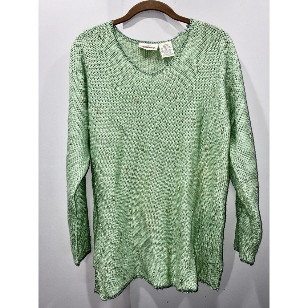 Vintage Textured Knit Ramie Cotton Embellished Sweater Mint Green Picot Hem Sz M
